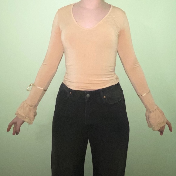 Casual Tops - Tan Long Sleeve, Lace Detailed Top